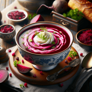 Schüssel mit roter Barszcz-Suppe, garniert mit einem Sahnehäubchen, typisch polnische Vorspeise.