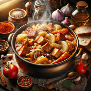 Dampfender Topf mit Bigos, dem traditionellen polnischen Eintopf, serviert auf einem Holztisch.