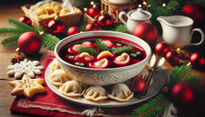 Ein festliches polnisches Weihnachtsessen mit rotem Borschtsch und Uszka-Teigtaschen