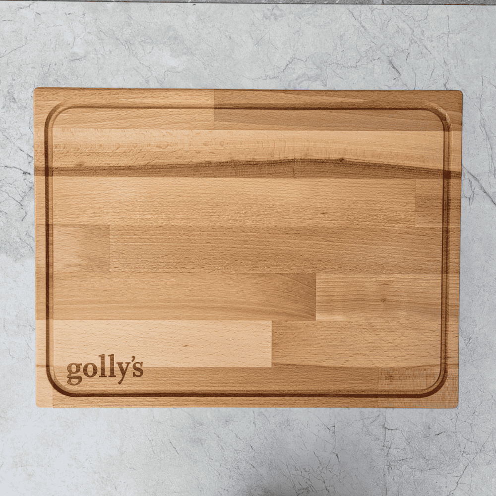 Schneidebrett Buchenholz mit Saftrille - groß (520 x 380 x 40 mm) mit golly's Gravur