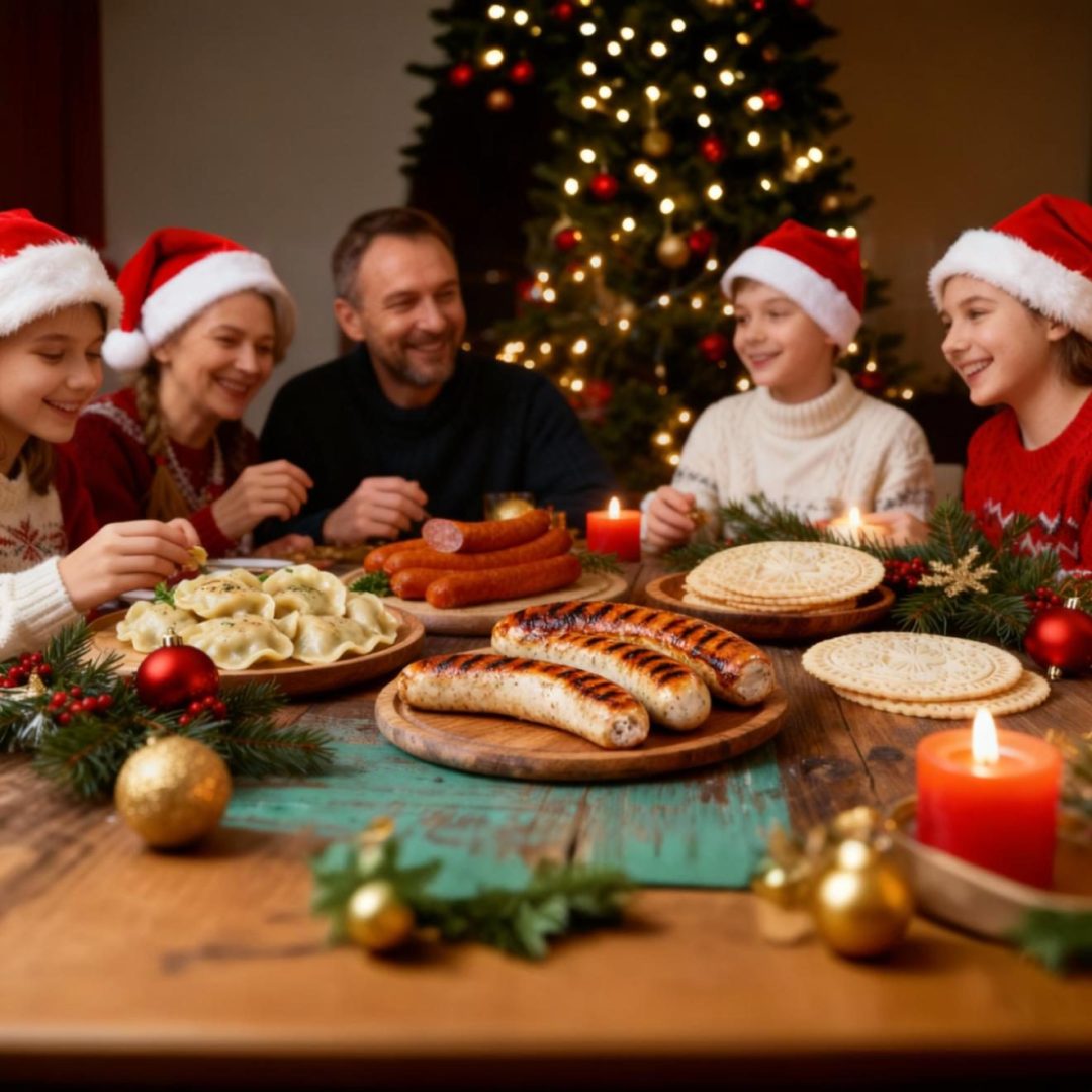 Familie genießt traditionelles polnisches Weihnachtsessen mit Pierogi, Krakauer und gebratener schlesischer Weißwurst bei Kerzenschein – Golly’s Feinkost.