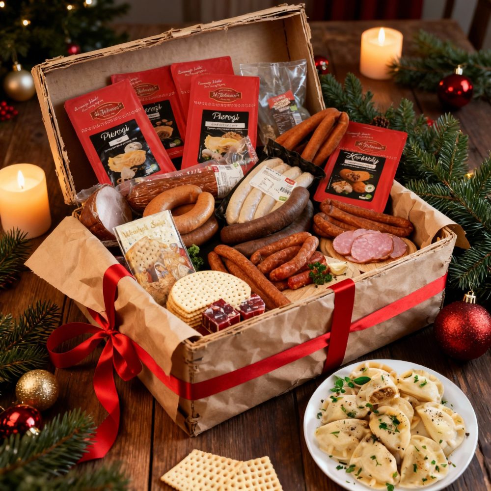 Polnisches Weihnachtsgeschenkpaket mit Feinkost von Golly’s – Pierogi, Wurst, Schinken und Oplatek in festlicher Verpackung mit Kerzen und Tannenzweigen